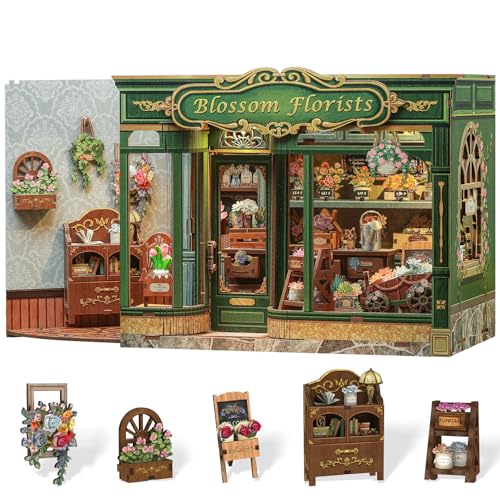 Cutefun Book Nook Kit DIY Miniature Flower Shop Booknook Kits for Adults and Teens 3D Wooden Puzzle Bookend Bookshelf with LED Light Creative Crafts Gifts for Book Lovers Blossom Florists - Image 1