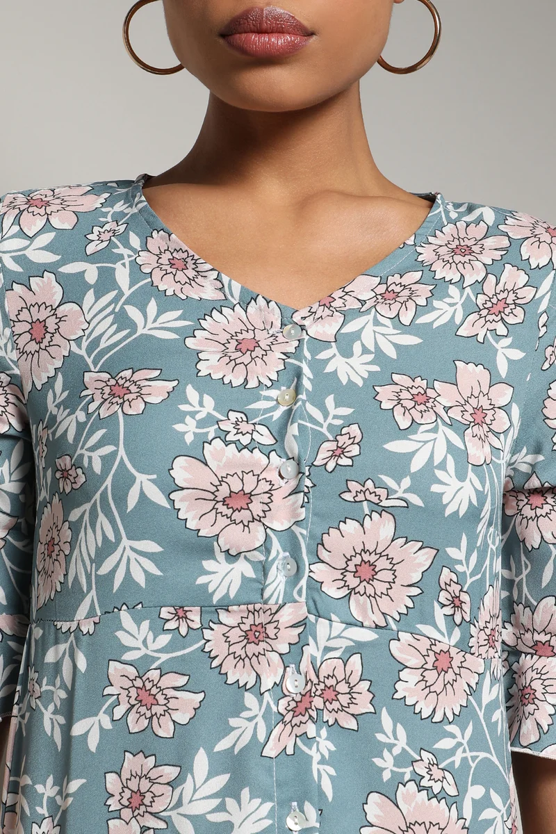 كامبوس سوترا Women's Sage Green Floral Cluster Dress