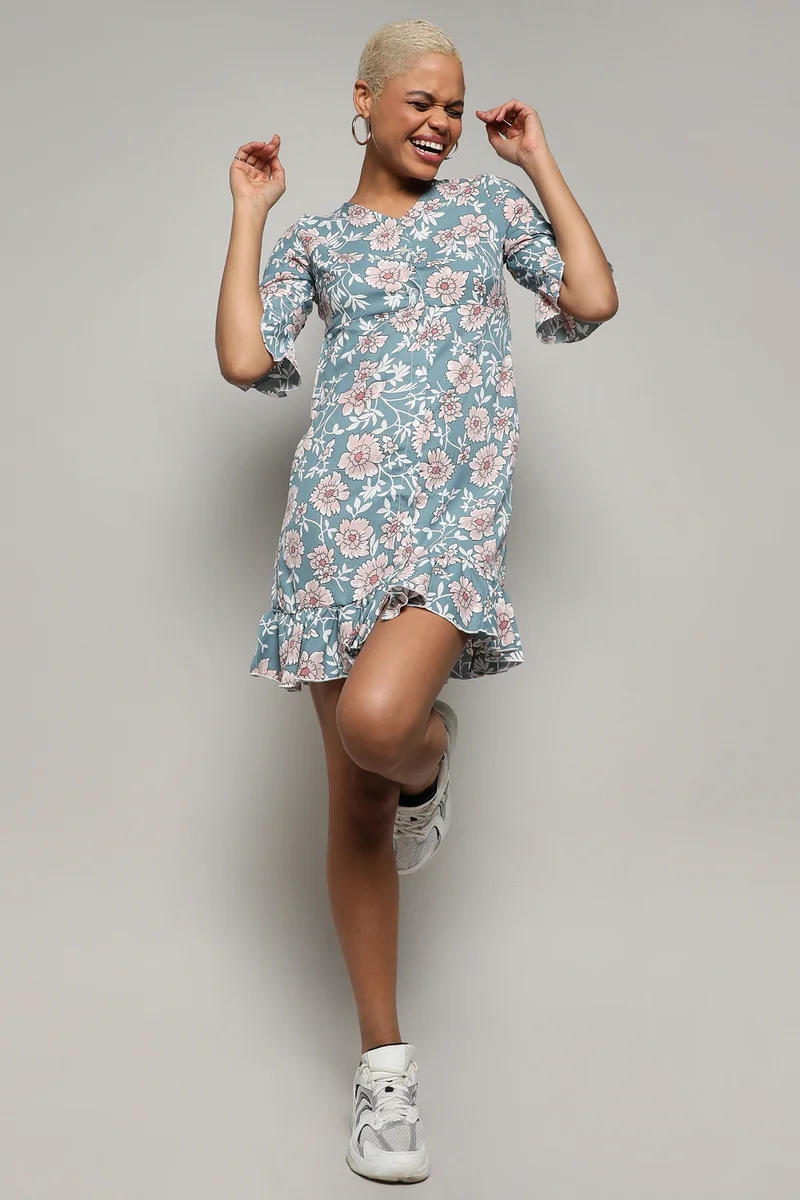 كامبوس سوترا Women's Sage Green Floral Cluster Dress
