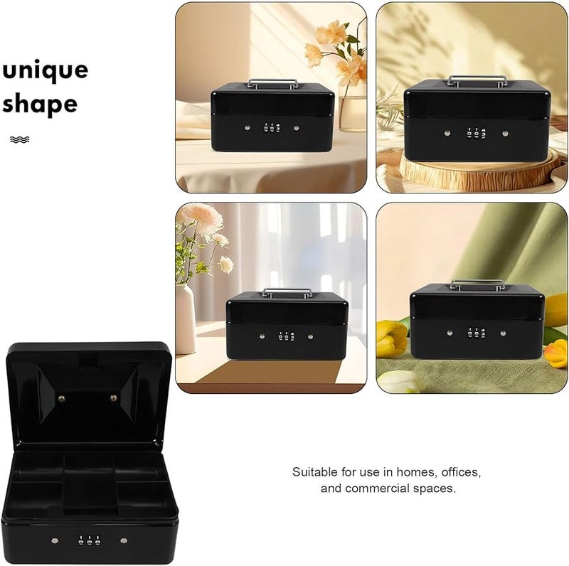 Compact Cash Box with Removable Tray and Combination Lock for Money Valuables Office Use Black - Image 4