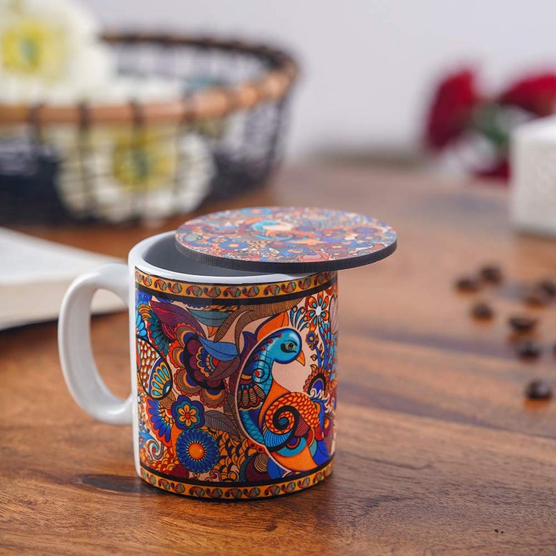 KOLOROBIA Peacock Admiration Espresso Mug with Coaster | Elegant and Decent Color | Microwave Safe Coffee Mug | Ceramic Tea Mug | Latte Mug | capaccino Mug (Set of 1) - Image 2