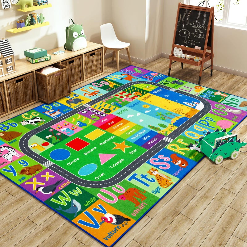 HOMORE Kids Educational Rug, Kids Collection Area Rug for Learning Alphabet, Numbers, Colors, Season and Animal Words, Playmat for Classroom Playroom, 4x6 Feet Green - Image 1