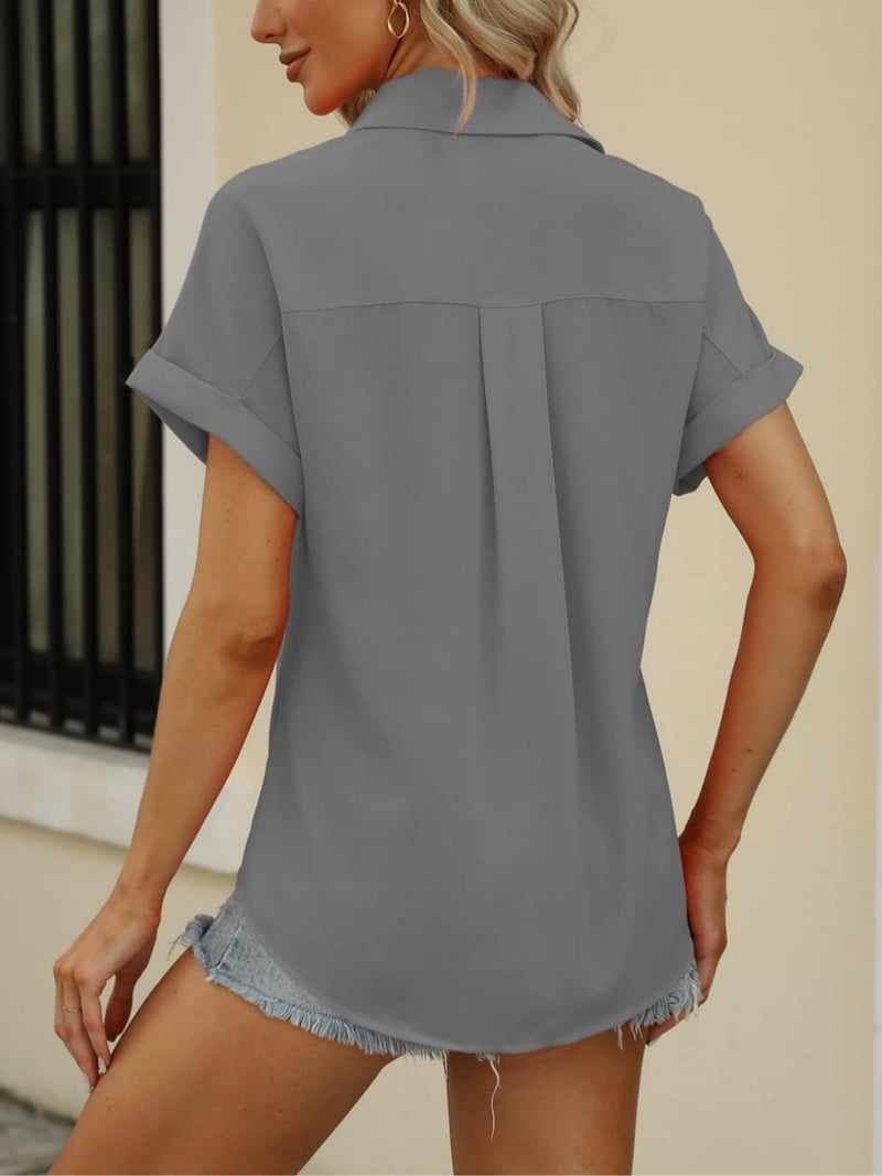 Beautife Womens Short Sleeve Shirts V Neck Collared Button Down Shirt Tops with Pockets (Large, Grey) - Image 5
