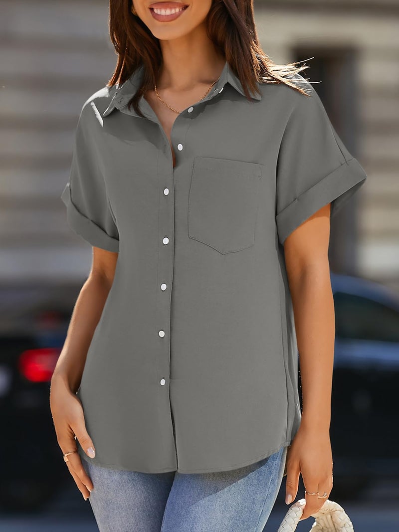 Beautife Womens Short Sleeve Shirts V Neck Collared Button Down Shirt Tops with Pockets (Large, Grey) - Image 2