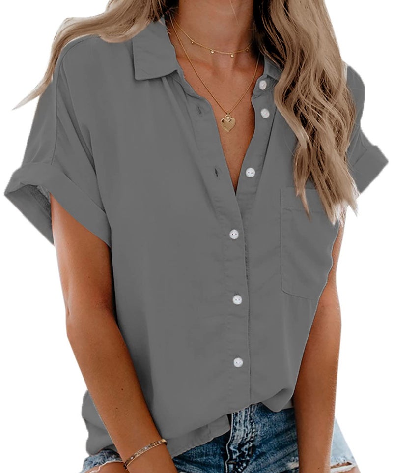 Beautife Womens Short Sleeve Shirts V Neck Collared Button Down Shirt Tops with Pockets (Large, Grey) - Image 1