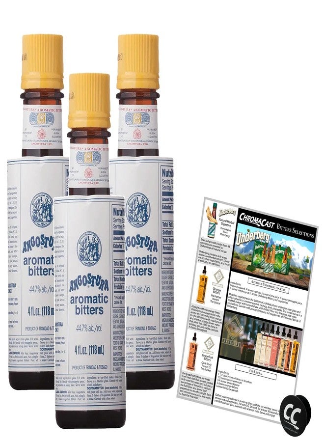 Angostura Aromatic Bitters 4oz Bottle with Phone Grip and Bitters Selections Recipe, 3-PACK