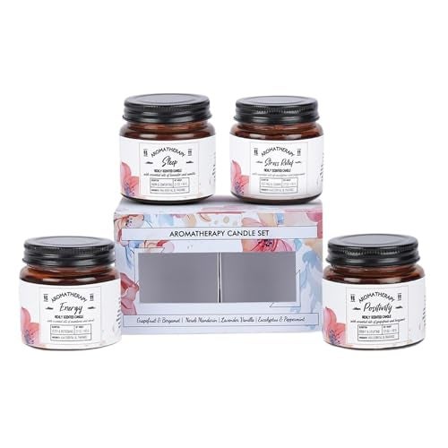 D'Velas™ Set of 4 Aromatherapy Scented Candles in Amber Jars (60g Each) | Cozy Fragrances for Small Spaces | Clean-Burning Soy Wax | 15-Hour Burn Time | Ideal for Gifting & Home Decor - Image 1