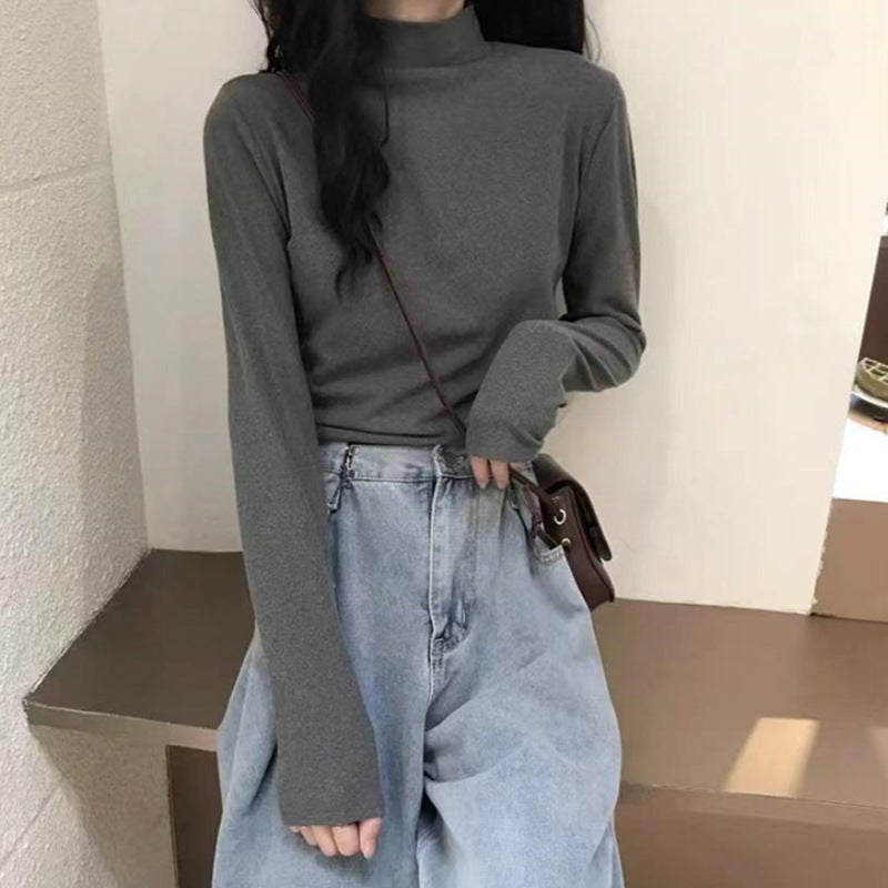 Super Popular Long-Sleeved T-Shirt For Women In Style With Pure Color Ins Bottoming Shirt Korean Style German Velvet Slim Fit Versatile Top Trbottomy - Image 3