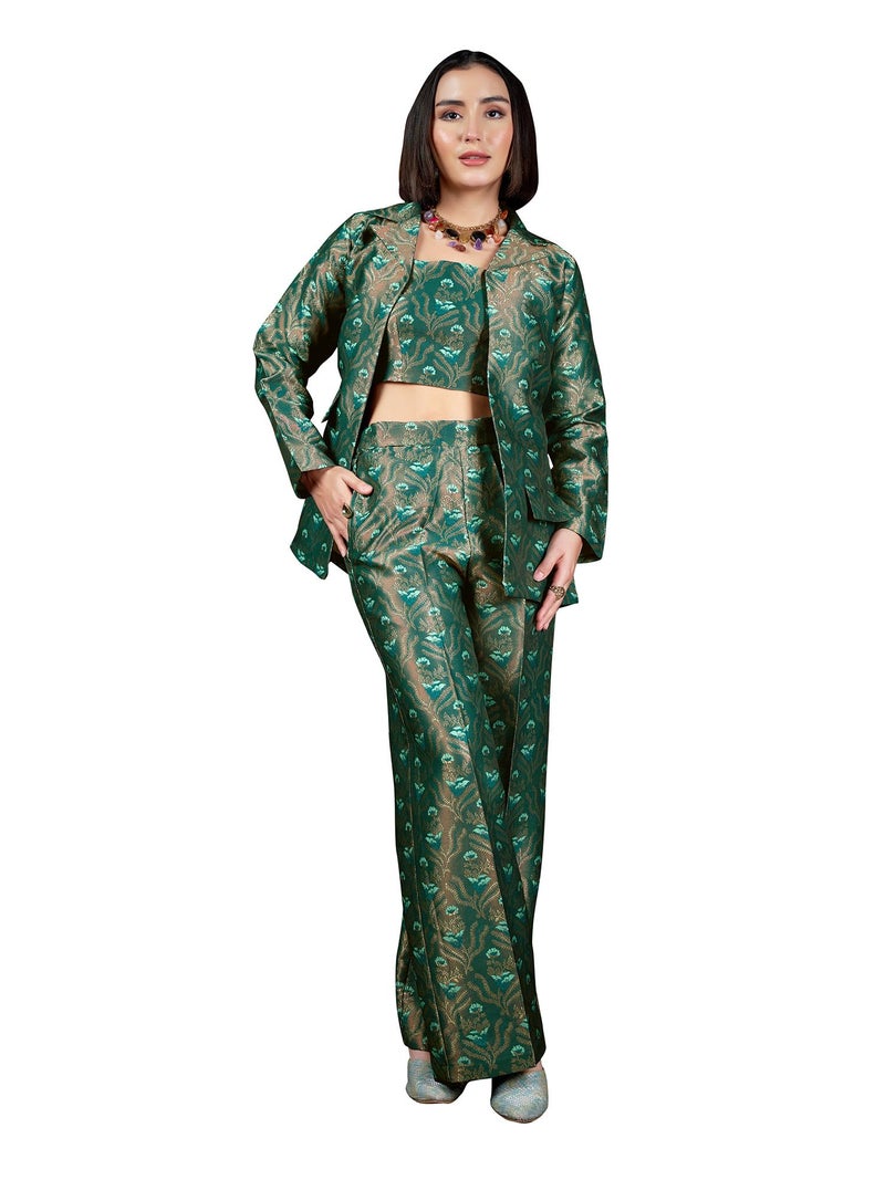 PURVAJA Women's Full Sleeve Crop Top Trouser Printed Co-Ords Set [Razy-063-Teal-S] - Image 1
