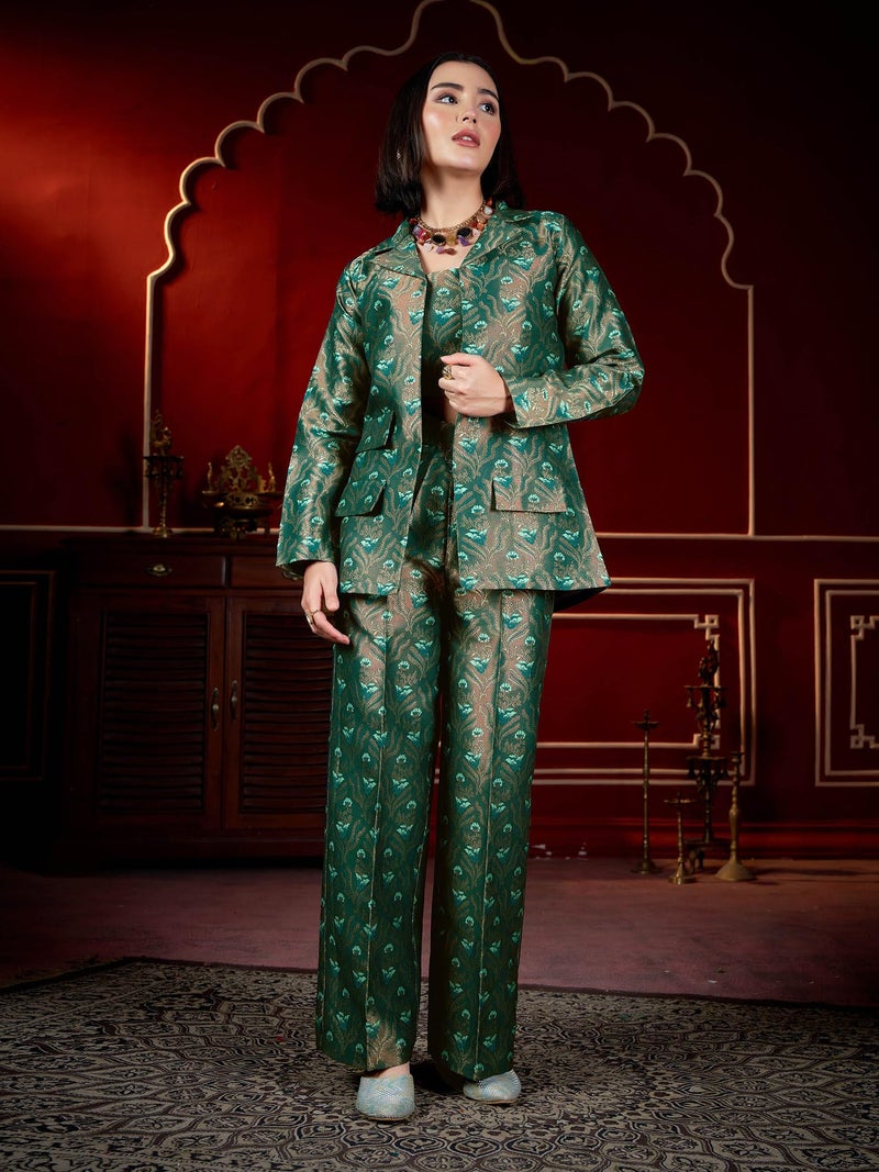 PURVAJA Women's Full Sleeve Crop Top Trouser Printed Co-Ords Set [Razy-063-Teal-S] - Image 2