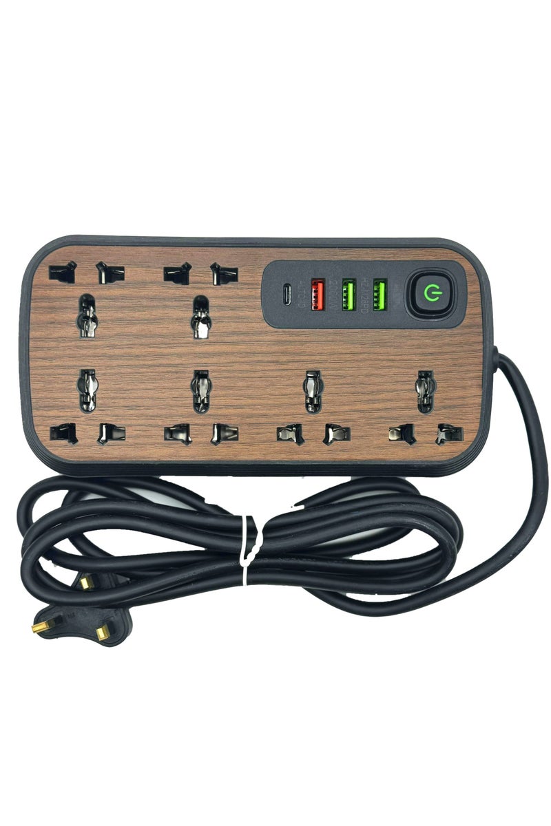 Panvil Extension Cord Power Strip Wooden Design– 6 AC Outlets, 3 USB Ports & 1 Type-C Port – Surge Protector with 2M UK 3-Pin Plug – Charging Station for Home & Office - Image 3