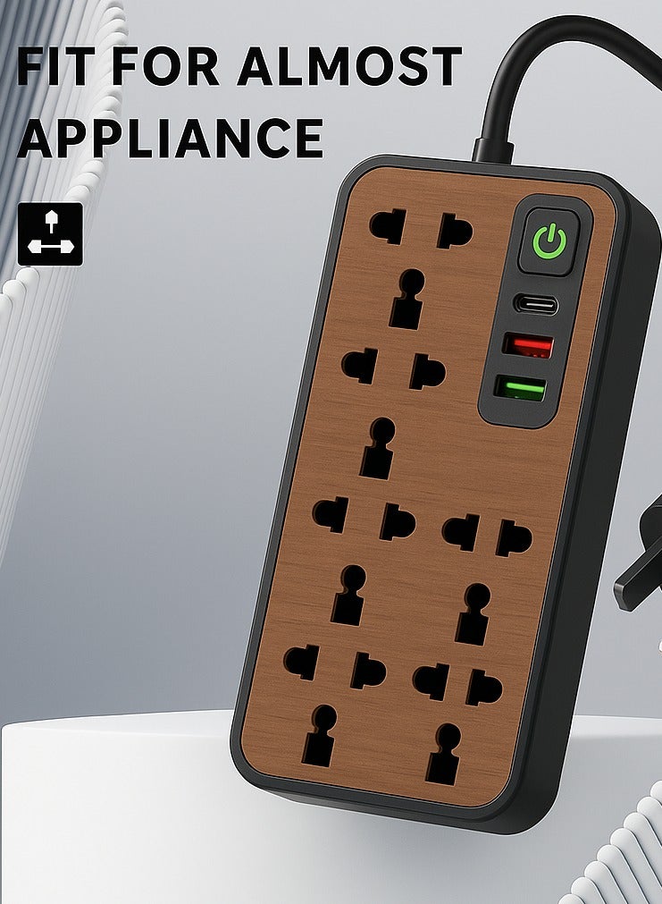 Panvil Extension Cord Power Strip Wooden Design– 6 AC Outlets, 3 USB Ports & 1 Type-C Port – Surge Protector with 2M UK 3-Pin Plug – Charging Station for Home & Office - Image 1
