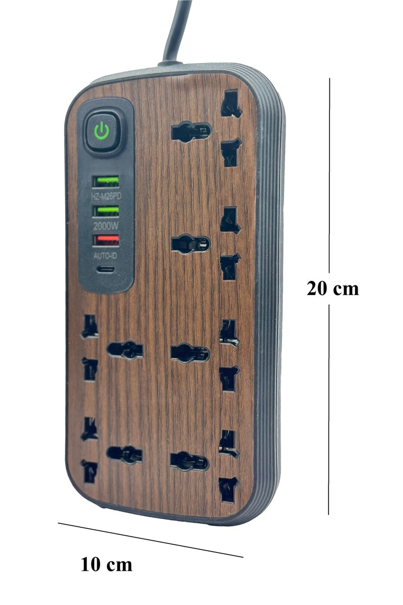 Panvil Extension Cord Power Strip Wooden Design– 6 AC Outlets, 3 USB Ports & 1 Type-C Port – Surge Protector with 2M UK 3-Pin Plug – Charging Station for Home & Office - Image 2