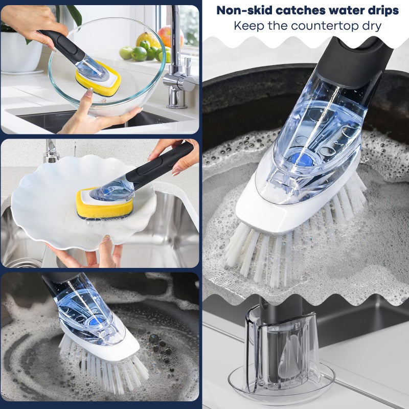 RIMAY Dish Brush with Soap Dispenser Storage Set with 2 PCS Brush Refills & Holder, Dish Scrubber with Soap Dispenser, Dish Soap Brush, Dish Wand with Soap Dispenser for Dishes, Pans, Sink, Pots - Image 5