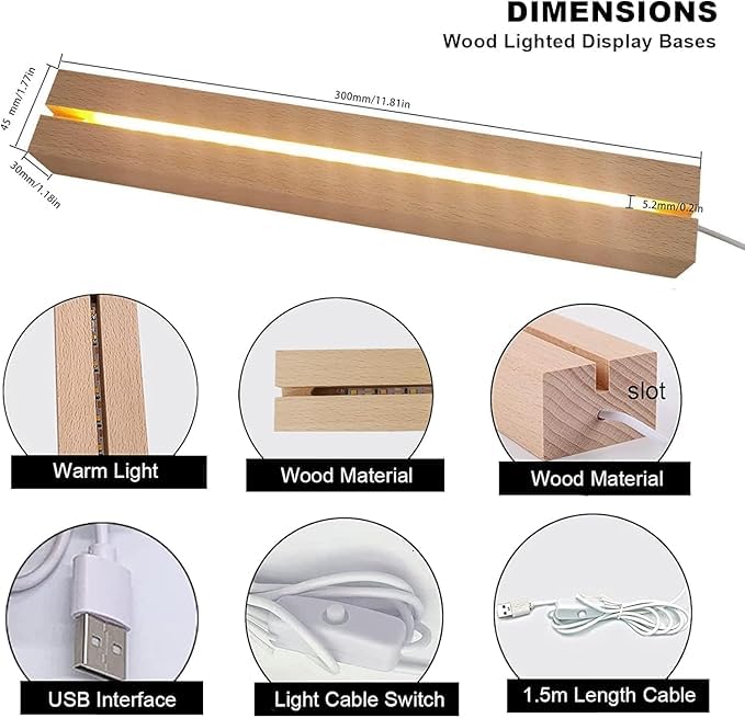 SNOOGG LED Display Night Lights Wood Lighted Base L Stand for DIY Glass Jewelry 300mm Name letters Resin art display (6 In) - Image 2
