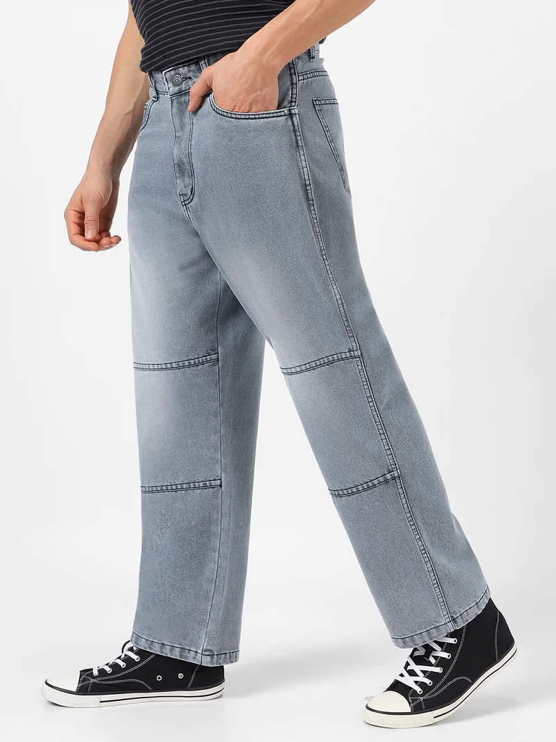 Urbano Fashion Men's Grey Loose Baggy Fit Cut and Sew Panelled Jeans Non-Stretchable