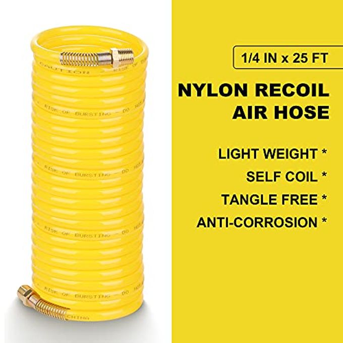 JOROY 1/4 Inch Ã— 25 Ft Recoil Nylon Air Hose, 1/4 Inch MNPT Brass Air Compressor Accessories Fitting, Lightweight Yellow Nylon Compressor Hose - Image 5