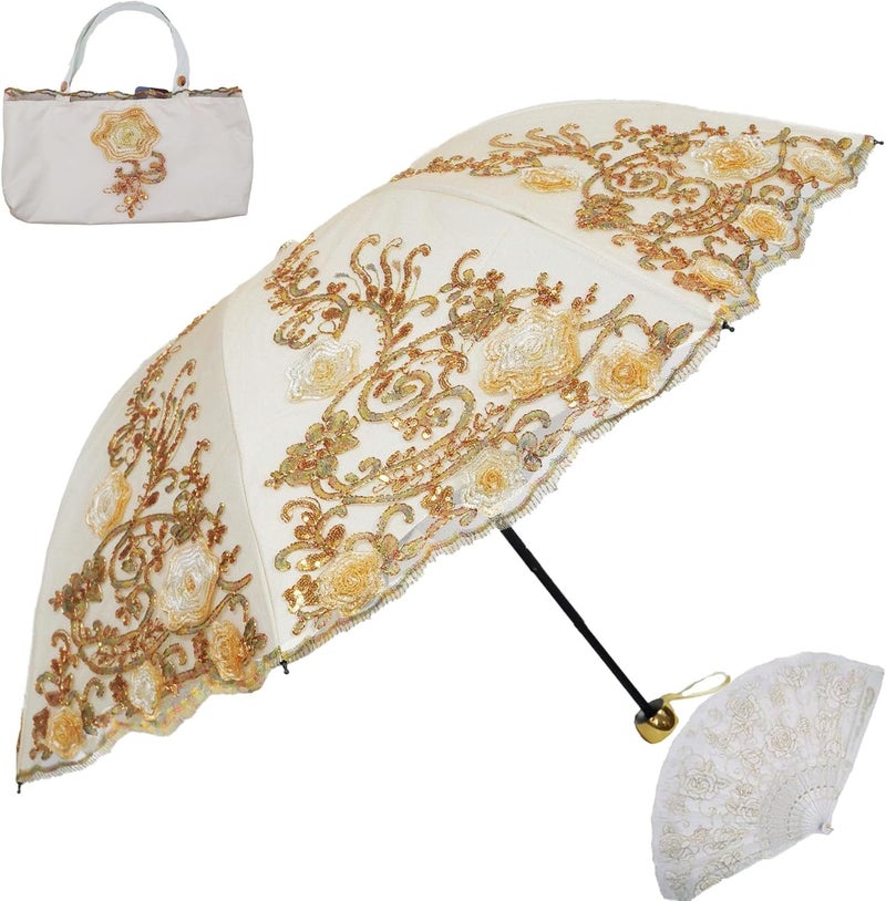 Aikelai Vintage Lace Umbrella, UPF50+ Sun Umbrella, 3D Flower Chinese Embroidery Compact Folding Umbrella for Walking, Wedding, Tea Party,Photo Shooting - Image 1