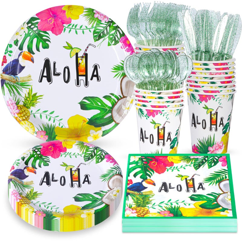 Atonofun Hawaiian Luau Party Supplies  Disposable Hawaiian Plates and Napkins Set  Aloha Party Plates and Cups  Napkins and Cutlery for Hawaiian Luau Birthday Party Decorations Serves 24