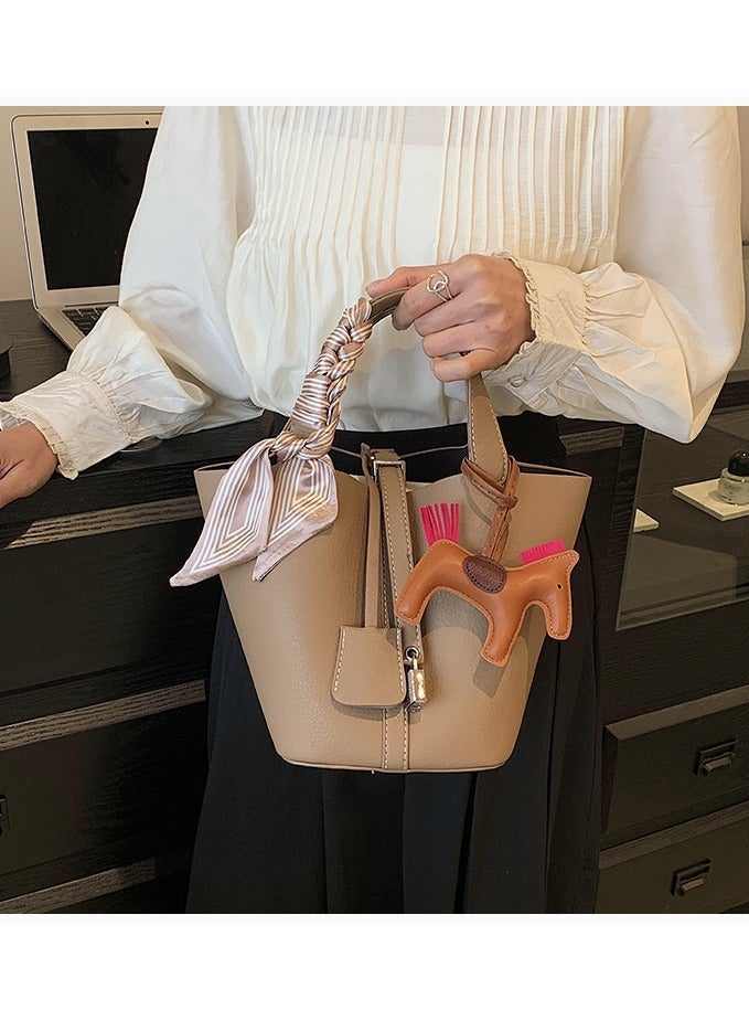 general Patchwork Pendant Decor Simple Design Satchel Bag Include Pony Pendant and Silk Scarf - Image 3