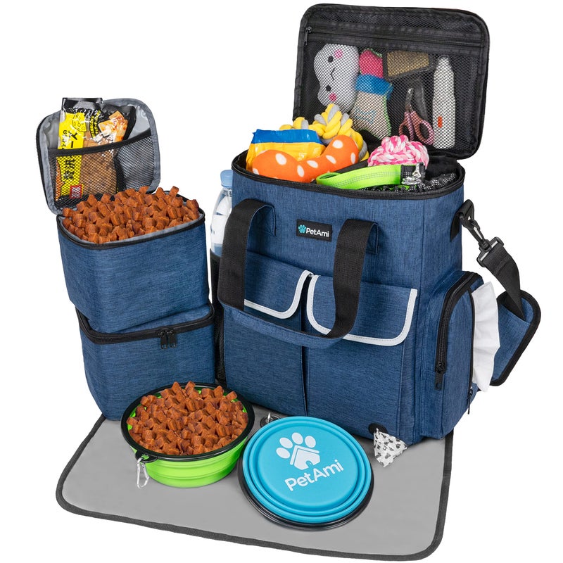 PetAmi Dog Travel Bag Pet Supplies Accessories Organizer for Traveling Camping Weekend Cat Pet Travel Bag Kit Includes 2 Food Storage Containers 2 Collapsible Bowls 1 Feeding Mat Navy Blue
