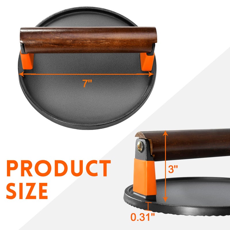 GGC جهاز ضغط البرجر GGC، جهاز ضغط لحم مقدد من الحديد الزهر للبرجر، الستيك، اللحم المقدد، السندويشات، جهاز ضغط لحم دائري 7" مع مقبض خشبي للطهي على الشواية والمقلاة (10 قطع ورق برجر) - Image 2