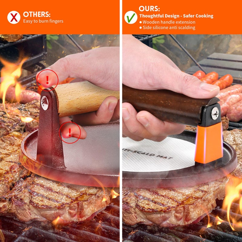 GGC جهاز ضغط البرجر GGC، جهاز ضغط لحم مقدد من الحديد الزهر للبرجر، الستيك، اللحم المقدد، السندويشات، جهاز ضغط لحم دائري 7" مع مقبض خشبي للطهي على الشواية والمقلاة (10 قطع ورق برجر) - Image 5