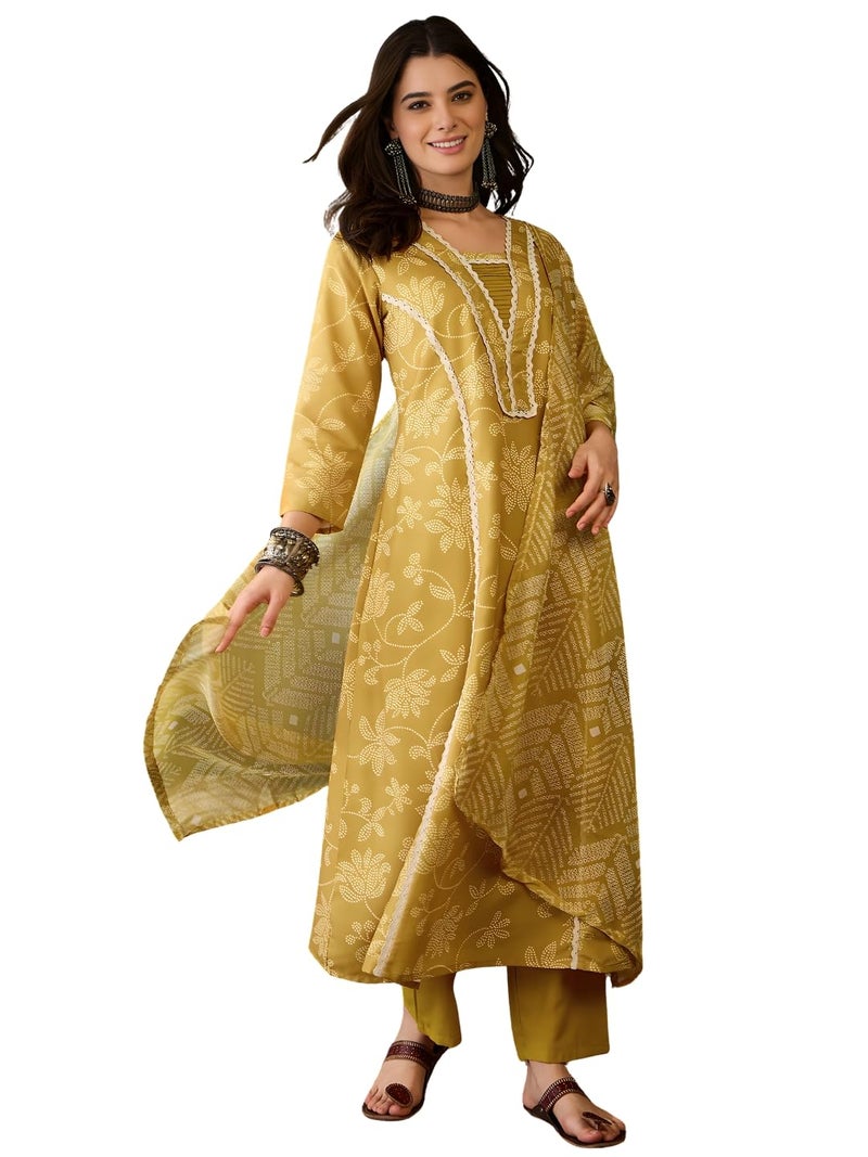 Naixa Women's Rayon Printed A-Line Kurta with Pant and Dupatta Sets (NX2-723-Yellow-XL) - Image 1