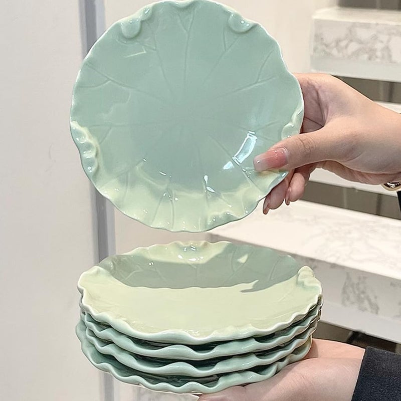 WAIT FLY WAIT FLY 4PCS Lotus Leaf Ceramic Dessert Plates 6 Inch Snack Plates Cake Plates Snack Plates Appetizer Plates Dried Fruit Plates Decorative PlatesGreen  - Image 3