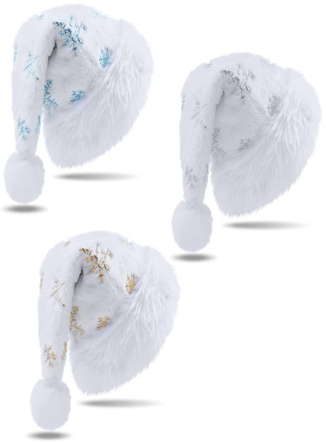 Berlune 3 Pcs Santa Hats for Adults White Christmas Hats with Snowflake, Unisex Plush Xmas Hat for New Year Festive Party - Image 1
