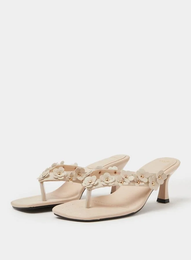 Styli Beige Floral Details Mid Heel Mules