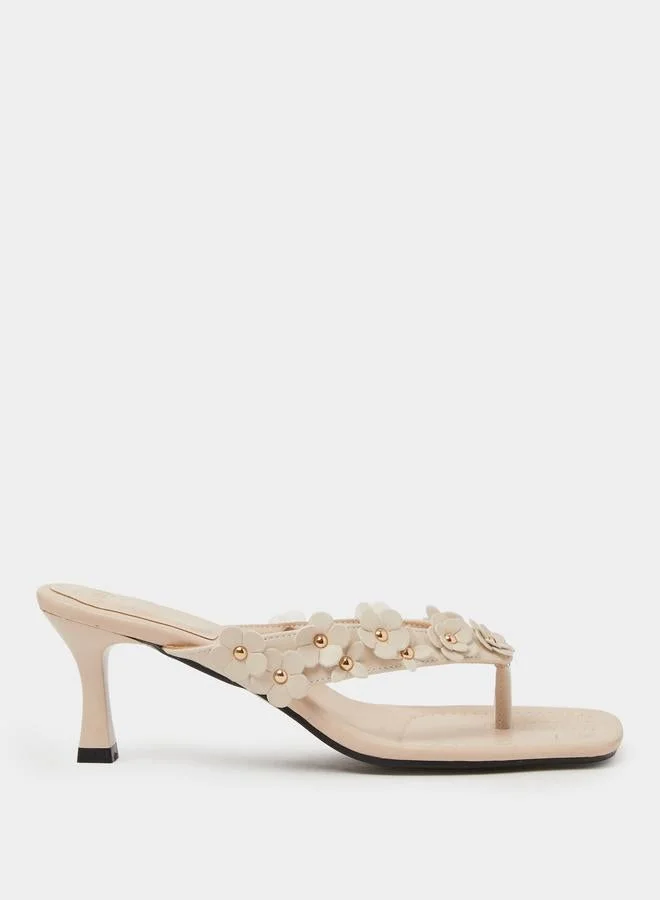 Styli Beige Floral Details Mid Heel Mules