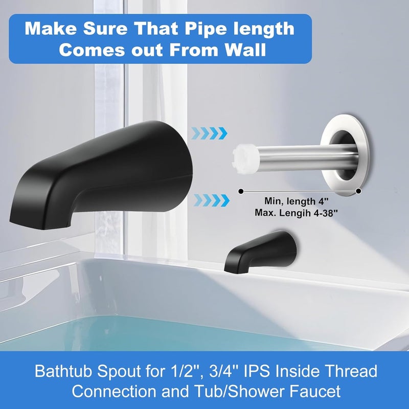 Coolfell Universal Bath Tub Spout with Adapter, Bathtub Faucet Spout Without Diverter, 5" Length Bathtub Spout for 1/2'', 3/4'' IPS Inside Thread Connection and Tub/Shower Faucet (Matte Black) - Image 4
