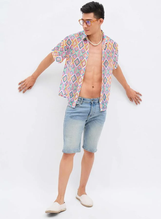 Sassafras Multi-Color Geometric Print Spread Collar Shirt