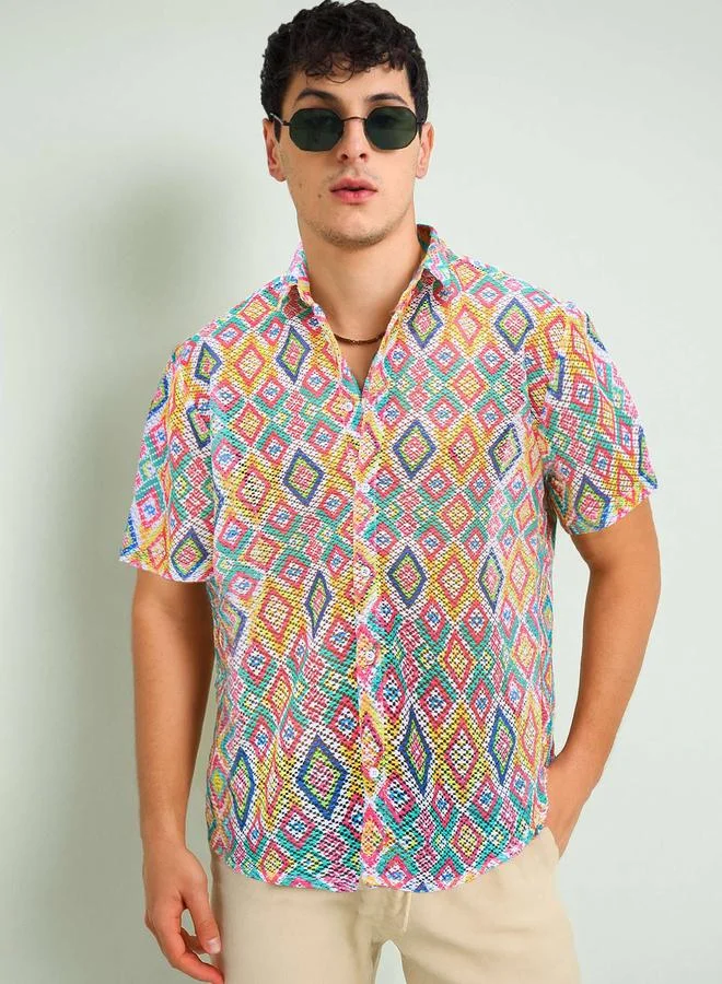 Sassafras Multi-Color Geometric Print Spread Collar Shirt
