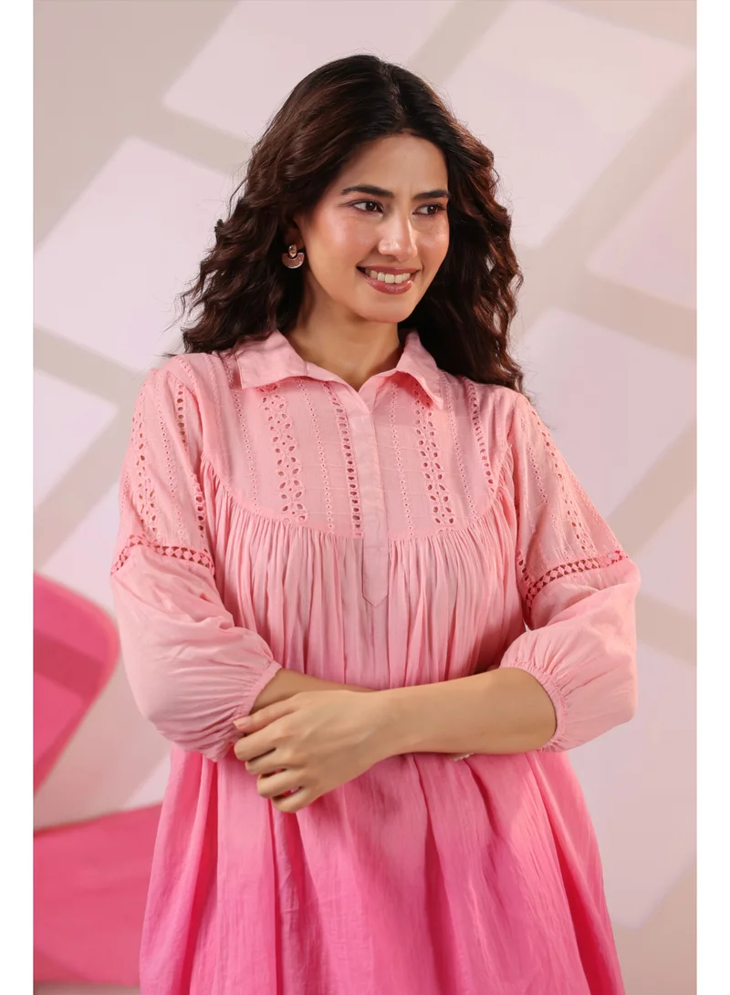 PRIYA’S PANACHE Pink Cotton Mulmul Embroidered Ombre Co-ord Set with Farshi Salwar for Women – Indian Ethnic Kurta Set Daily Wear