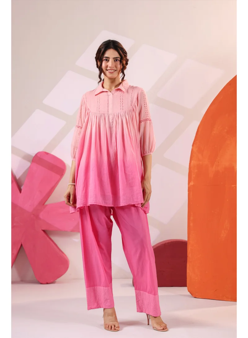 PRIYA’S PANACHE Pink Cotton Mulmul Embroidered Ombre Co-ord Set with Farshi Salwar for Women – Indian Ethnic Kurta Set Daily Wear