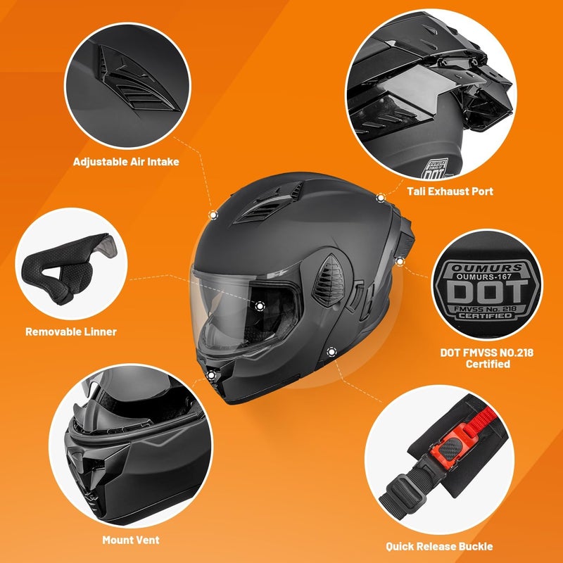 OUMURS DOT Motorcycle Full Face Helmet with Dual Visor and Sun Shield - Model-167 - Image 3