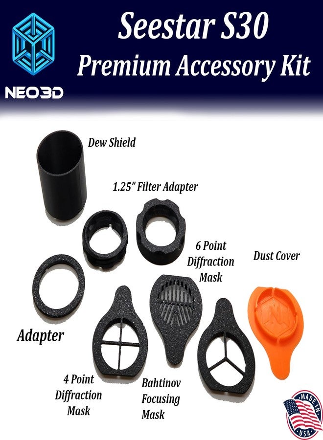 Neo3D Shop Seestar S30/S30 Pro Dew Shield Premium Accessory Kit, Dew Shield, Dust Cap, 1.25 Filter Adapter, Bahtinov Focus mask (S30PremKitORANGE) - Image 2