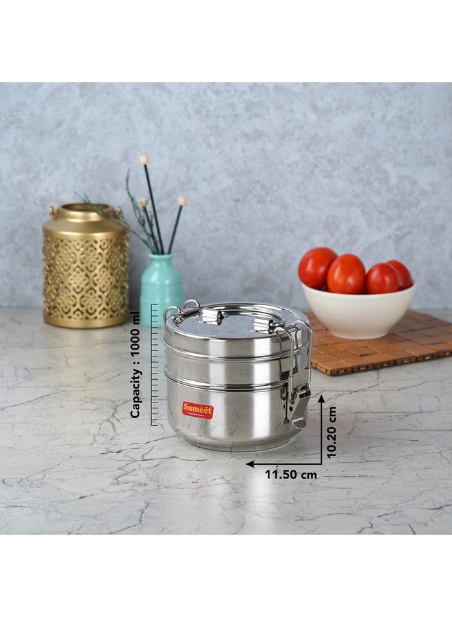 Sumeet Sumeet Stainless Steel 2 Compartment Lunch Box/Tiffin with Lid and Handle, 11.5Cm Dia, (1000ML, Silver)  - Image 4