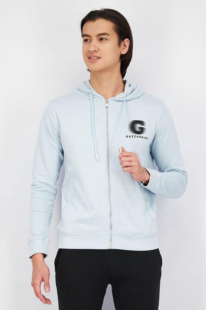 Gazzarrini هودي بأكمام طويلة للرجال بشعار العلامة التجارية، أزرق فاتح - Image 1