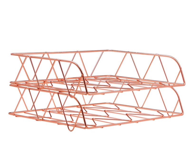 PAG 2 Packs Desktop File Organizer Metal Stackable Horizontal Letter Tray Paper Holder Rack Rose Gold