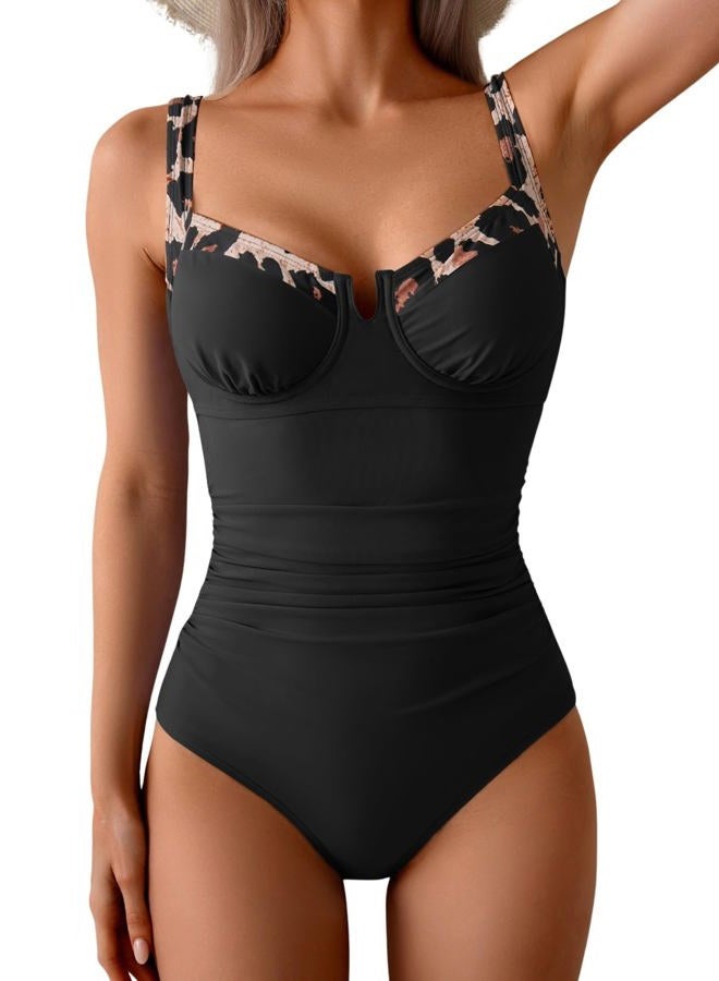B2prity Women's Underwire One Piece Swimsuits Tummy Control Bathing Suits Push Up Swim Suit Color Block Swimwear, Black, Leopard, S - Image 1