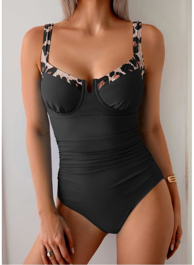 B2prity Women's Underwire One Piece Swimsuits Tummy Control Bathing Suits Push Up Swim Suit Color Block Swimwear, Black, Leopard, S - Image 4