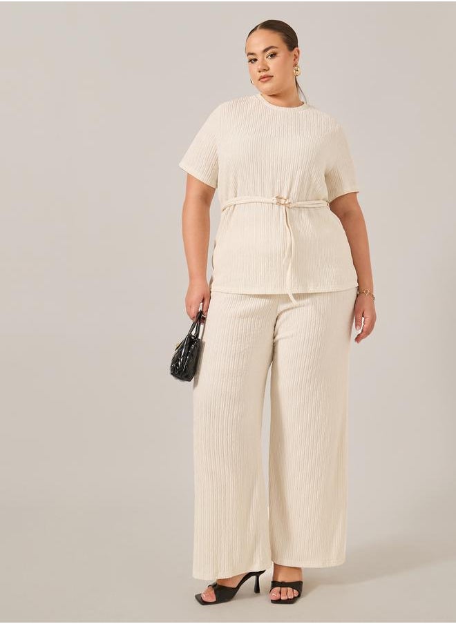 Styli Plus Size Crinkle Knit Short Sleeve Top and Straight Leg Pants Co-Ords  - Image 1