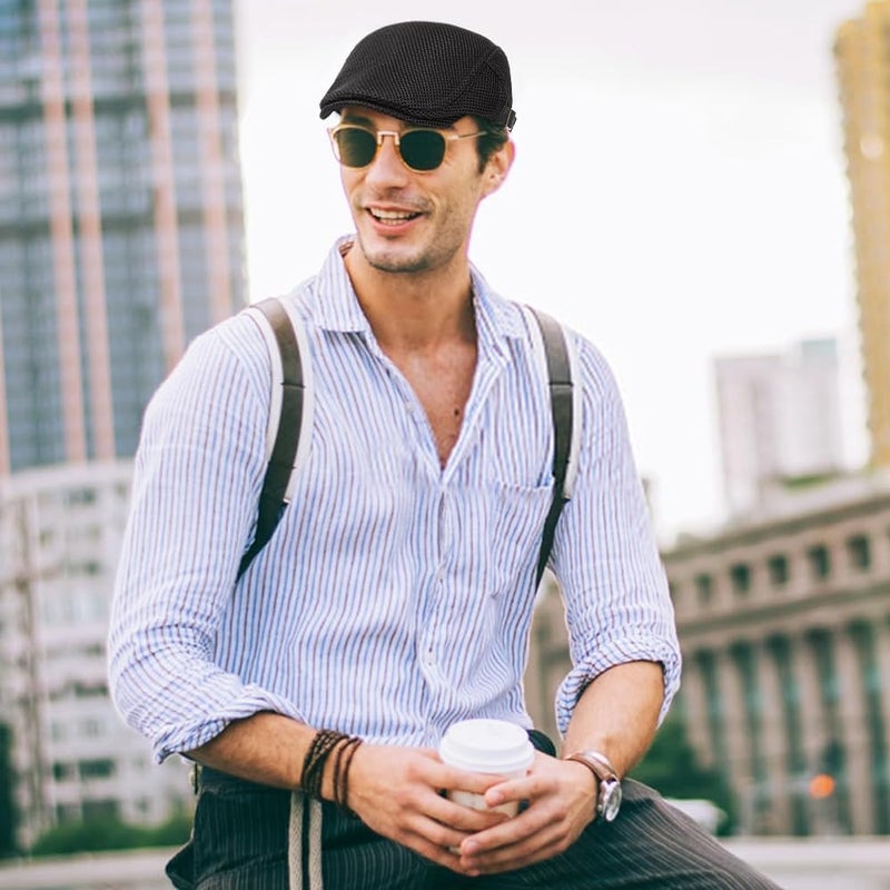 Xinveen Men's Mesh Cap Breathable Summer Newsboy Hat Adjustable Beret Ivy Cap Irish Cabbie Driving Hunting Hats Black - Image 2
