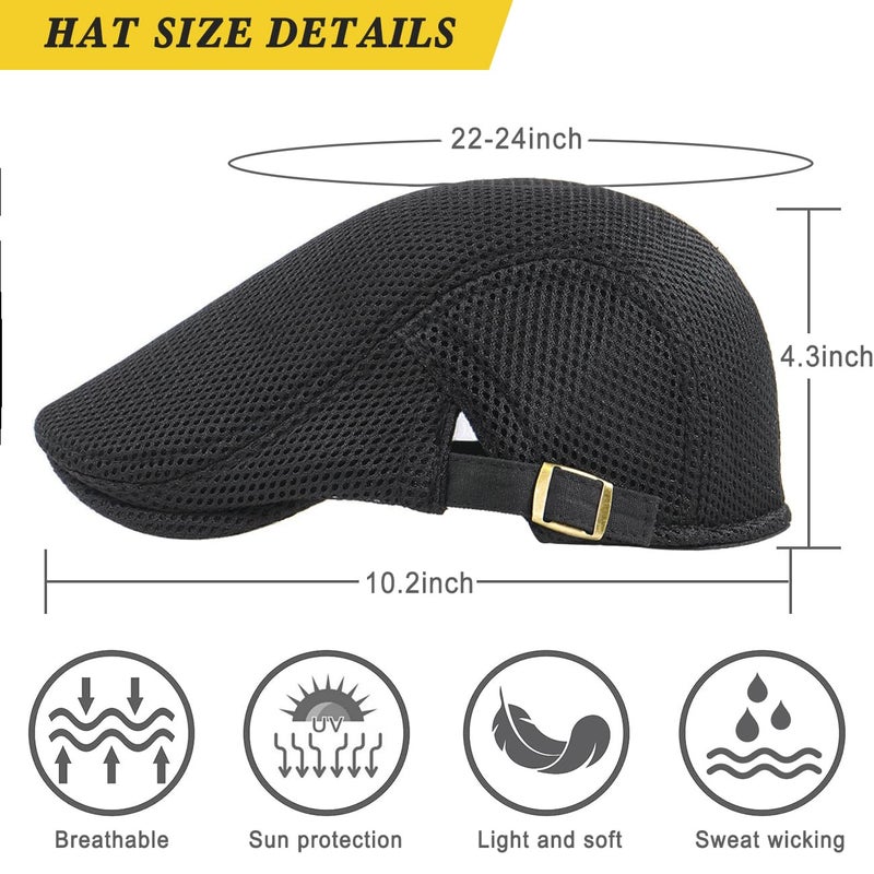 Xinveen Men's Mesh Cap Breathable Summer Newsboy Hat Adjustable Beret Ivy Cap Irish Cabbie Driving Hunting Hats Black - Image 4