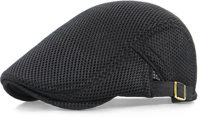 Xinveen Men's Mesh Cap Breathable Summer Newsboy Hat Adjustable Beret Ivy Cap Irish Cabbie Driving Hunting Hats Black - Image 1
