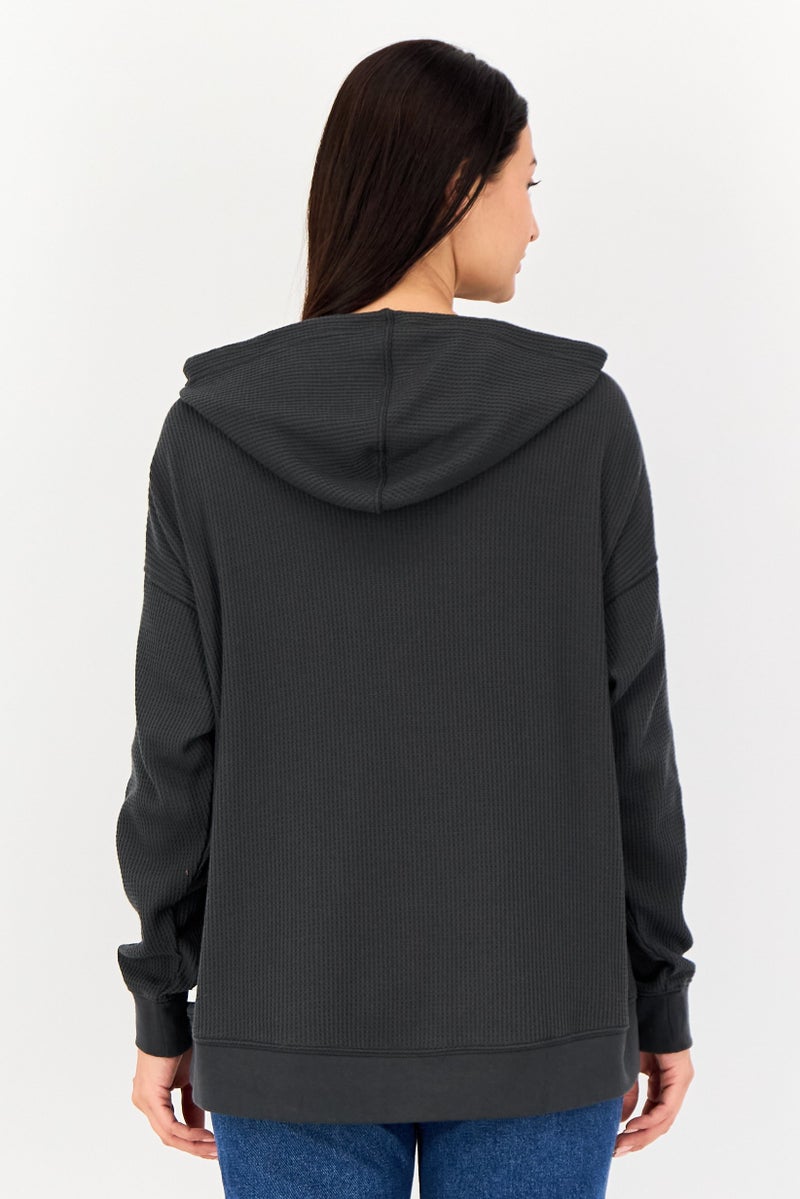 Aerie Women Ribbed Long Sleeve Hoodie, Dark Grey - Image 3