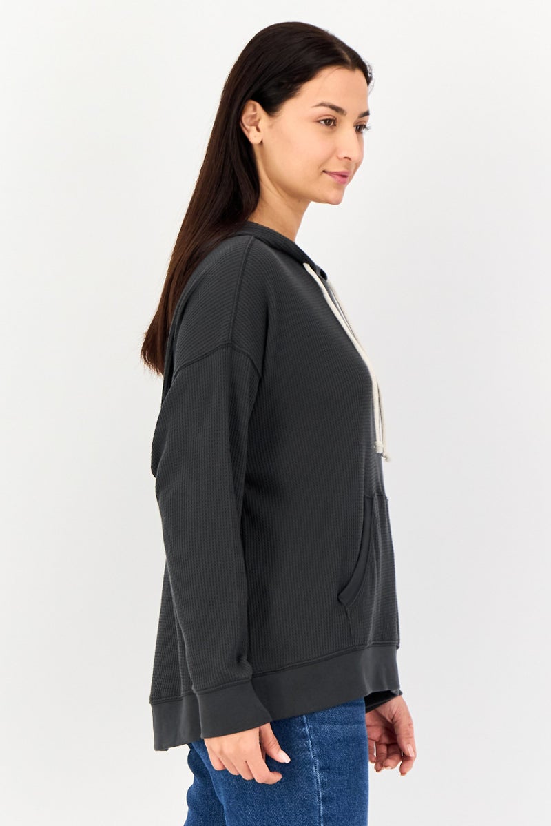 Aerie Women Ribbed Long Sleeve Hoodie, Dark Grey - Image 2